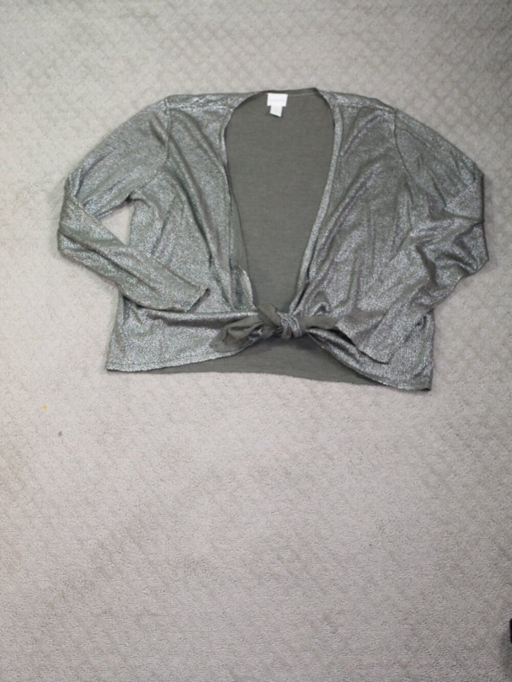 Chico's Cardigan Wm 12 /Sz 2 Glitter Silver Tie Front Long Sleeve Greenish Gray